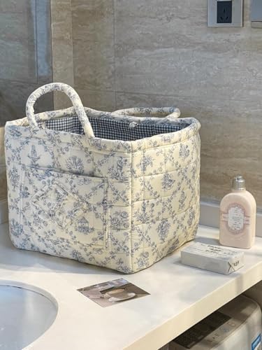 ANKICK Vine-Blue Quilted Boho Car Storage Basket, Laundry Hamper 33x27x26cm