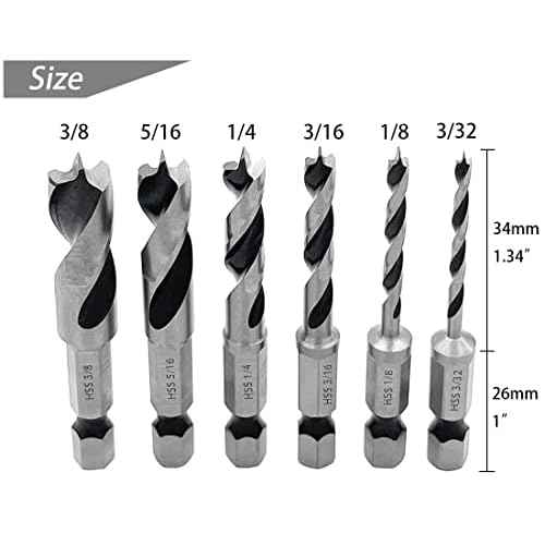 6pcs 1/4" Quick Change Hex Shank Wood Brad Point Stubby Short Drill Bit Set HSS 4241 Woodworking Drill for Right Angle Drill and Used in Tight Spaces