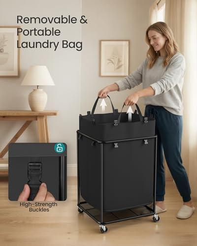 SONGMICS 45 Gallon Laundry Basket with Wheels, Removable Liner Bag 170L-Rectangular Ink Black