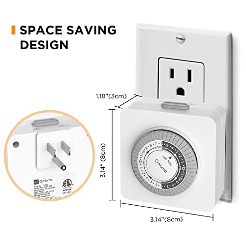 G-Homa 24-Hour Mechanical Timer Outlet - 2 Grounded Outlets, 3-Prong, Holiday Light Timer, Pack of 1