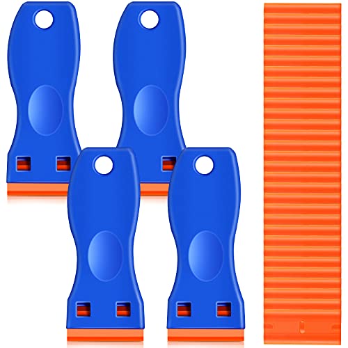 Plastic Razor Blade Scraper, 4 Pieces Scraper Tools with 100 Pieces Plastic Blades for Gasket Remover, Stickers, Decals, Adhesive, Labels, Paint, Glass, Car, Windows
