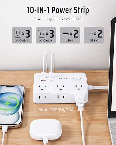 DEPOW White 3 Ft Power Strip Surge Protector with 6 Outlets & 4 USB Ports