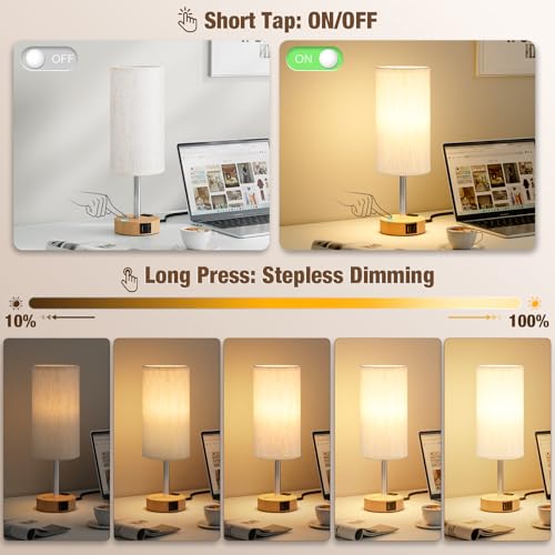Aooshine Beige Wood Grain Touch Bedside Table Lamp with USB-C, USB-A & Outlet - Dimmable Night Light