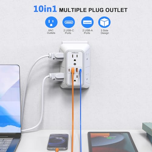 JcBlaon White 6 Outlet Surge Protector with 4 USB Ports Wall Extender