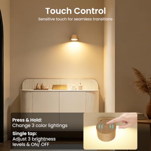 Koopala Wood-A Rechargeable LED Wall Sconce with Magnetic 360° Rotation - Cordless Bedside Reading Light, 3 Color Temperatures & Brightness Levels