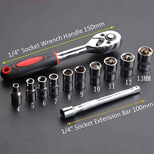 1/4¡± Ratchet Socket Wrench Set, Mechanic Tool Kit and Sockets Set with Quick Release Reversible Ratchet Handle and Extension Bar, 12 Pcs Set