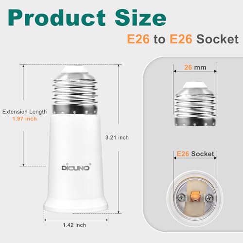 DiCUNO 2 Pack E26 Socket Extenders, 1.97 Inch Light Bulb Extension, Recessed Fixture Compatible