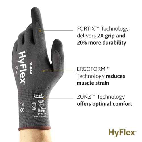 HyFlex Ansell 11-840 Ergonomic Abrasion-Resistant Nylon Spandex Nitrile Coated Industrial Gloves for Automotive, Fabrication
