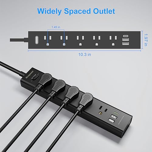 2 Pack Power Strip Surge Protector with 5 Outlets & USB-C, 1250W, 5ft Extension Cord, Wall Mount - IECOPOWER