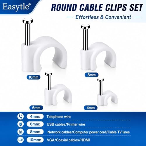 Easytle 200 Pcs Cable Wire Clips 4mm-10mm for Electrical & Ethernet Management