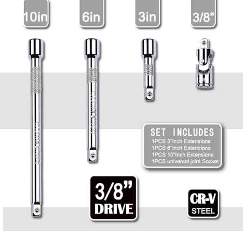 4-Piece 3/8 Inch Drive Extension Bar Set, Includes 3, 6, and 10 Inch Extensions and 3/8 Inch Drive Universal Joint Socket
