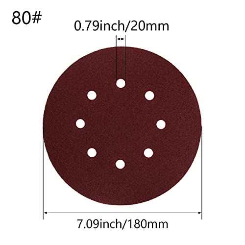 Auniwaig 10PCS 7 Inch 8 Hole Hook and Loop Sanding Discs 80 Grits, Aluminum Oxide Round Flocking Sandpaper for Random Orbit Sander Polishing Accessories