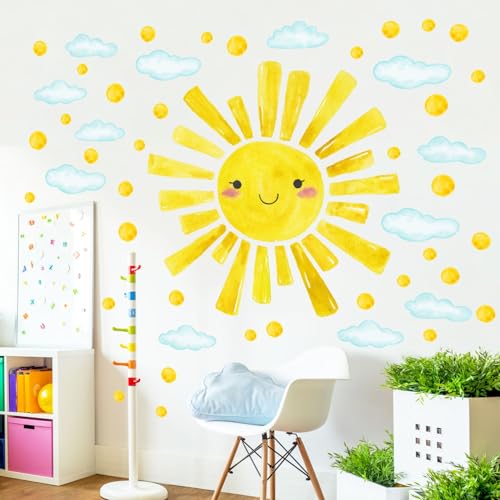 Eutecado Smile Sun Watercolor Wall Decals for Kids Room - 12 Sheets Wall Stickers for Nursery & Bedroom