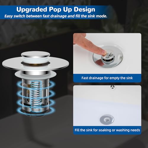 Hibbent Upgraded 3-in-1 Bathroom Sink Drain Strainer Pop Up Stopper Chrome 1