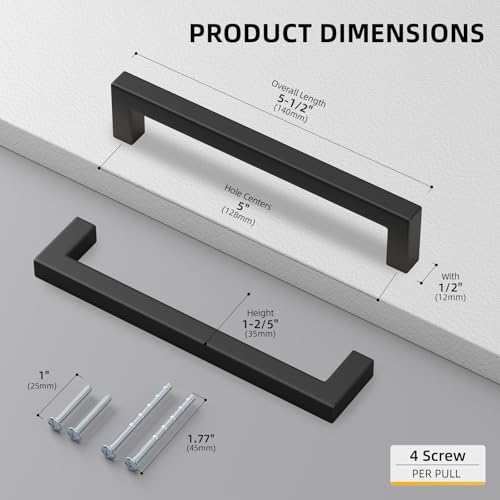 Goldenwarm 10 Pack 5 Inch Matte Black Cabinet Handles Kitchen Drawer Pulls - Hole Centers 128mm
