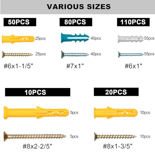 KURUI 270Pcs Drywall Anchors and Screws Assortment Kit - Gold & Silver Variants