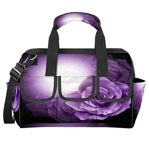 Purple Flowers Roses Tool Bag for Men Women Heavy Duty Multi-Pockets Wide Mouth Tool Tote Waterproof Tool Bag Organizer with Adjustable Shoulder Strap