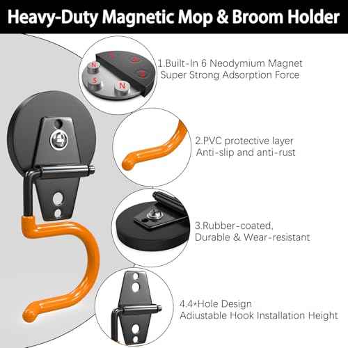 3-H Magnetic Mop Broom Holder and Mop Organizer 4 Pack, Heavy Duty Strong Utility Magnetic Tools Holde, Anti-Slip Strong Metal Garden Tool Rack for Garage, Laundry, Garden (Orange)