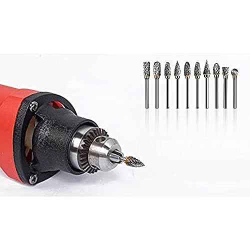 10 Pieces Tungsten Carbide Double Cut Rotary Burr Set with 3 mm (1/8 Inch) Shank and 6 mm (1/4 Inch) Head Size