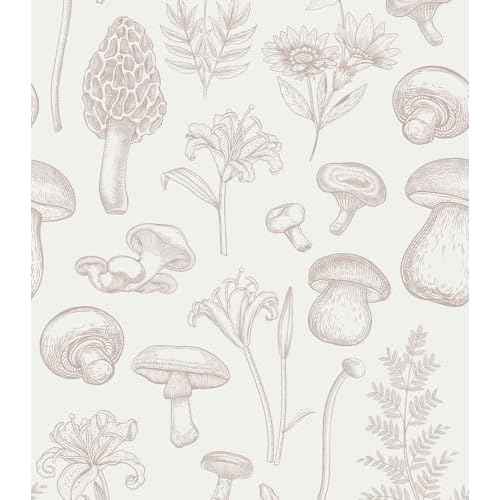 Mushroom Wallpaper, Floral Peel and Stick Wall Paper Removable Contact Paper for Bathroom Bedroom Cabinets, 17.3"¡¿78.7", Beige
