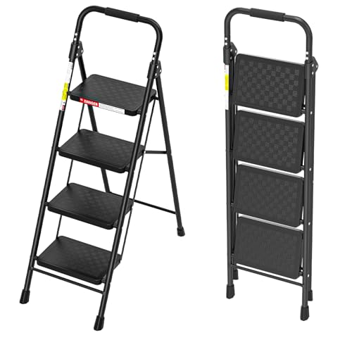 HBTower 4-Step Folding Ladder with Anti-Slip Pedals & Cushioned Handle for Home & Kitchen
