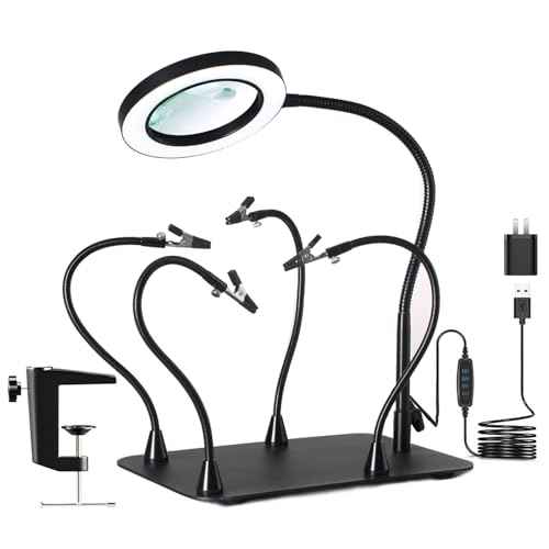 5X&10X Magnifying Glass with Light and Stand, Flexible Magnetic Helping Hand, Large Base & Clamp Magnifying Lamp, 3 Color Adjustable Arm Desk Magnifier with Light for Soldering Craft Hobby