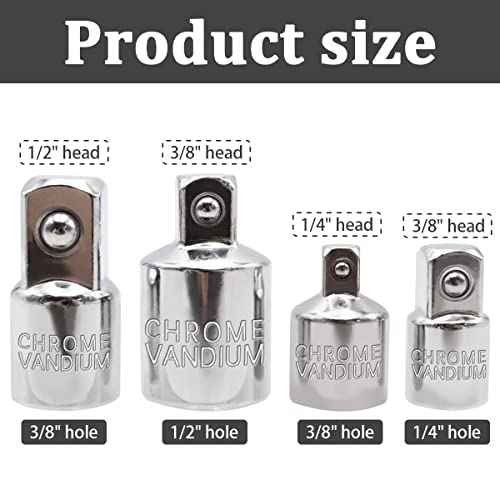 Dianrui 4 PCS Socket Adapter Set, 3/8 to 1/2 Socket Adapter, 3/8 to 1/4 Square Ratchet Reducer Sets for Automotive and Construction