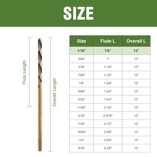 1/16 x 12 Inch Extra Long Drill Bits (2 Pack), Aircraft Drill Bit Black and Gold M2 HSS for Wood, Plastic