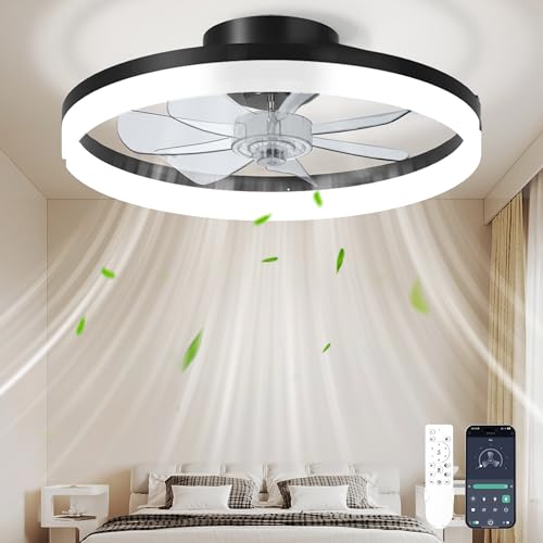 CHAREADA 20" Black Ceiling Fan with Light, Remote & App Control, Low Profile Foldable Design