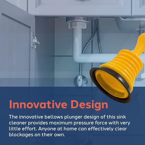 PlumbCraft 11-in. Mini Drain Plunger, Drain and Sink Plunger for Kitchen and Bathroom Drains, Drain Clog Remover with Handle, Bellows Plunger to Unclog Sink Drain, DIY Bathroom Sink Accessory