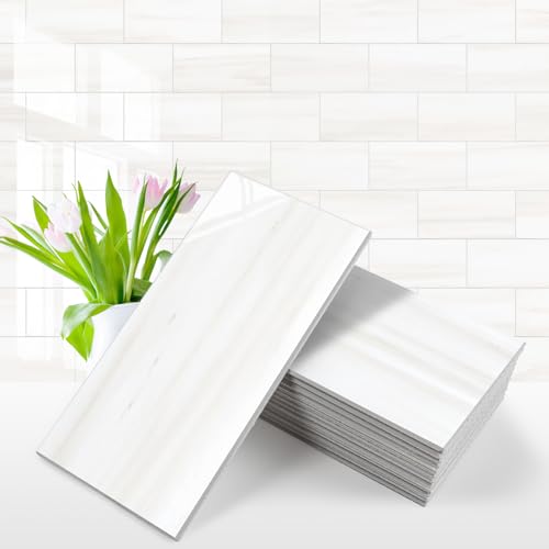 Vamos Tile 100-Piece Glossy Dolomite White Peel & Stick Backsplash Tile - 3x6 inch, DIY Kitchen & Bathroom Wall Covering