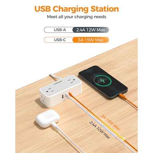 TESSAN Flat Plug Extension Cord 5 FT, Surge Protector Power Strip with 4 AC Outlets 1 USB C and 2 USB A Ports, 900 Joules Protection, Multiple Wall Outlet Extender Suitable for Home Office Dorm