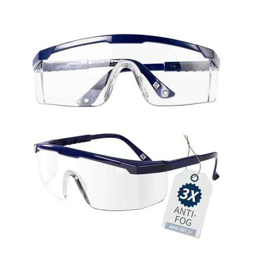 LANON Anti-Fog Safety Goggles with Ajustable Temples, 2.5 Times ANSI Z87.1 Double-sided Antifog, Side Protection, High Transmission, Lightweight & Comfortable Safety Glasses.