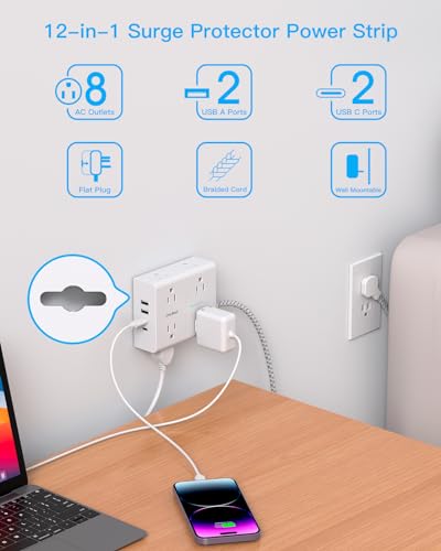 One Beat 15 Ft White & Grey Flat Power Strip with Surge Protector & USB Charging