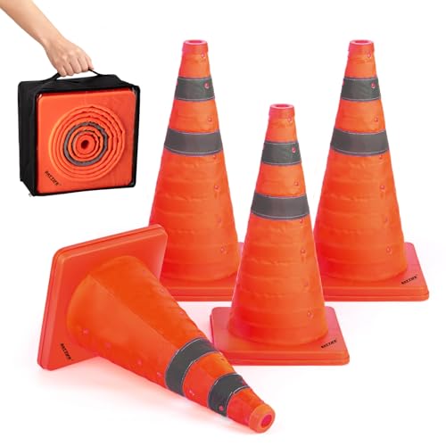 BATTIFE 4 Pack 18-Inch Collapsible Orange Traffic Cones with Reflective Strips & Storage Bag