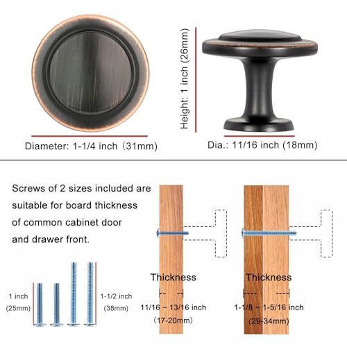 KOOFIZO 10 Pack Oil Rubbed Bronze Cabinet Knobs - Round, 1-1/4 Inch, Single Hole