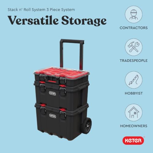 Keter Stack N Roll Modular Tool Box System 3-Piece Black/Red, Mobile Storage