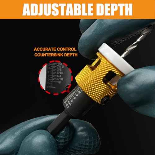 Adjustable Depth 1/8" x3/8" Countersink Drill Bit, Low Friction Stop Prevent Scratches, 1/4" Hex Shank for Quick Change, Replaceable HSS Pilot Drill Bit for Wood, Plastic, Woodworking