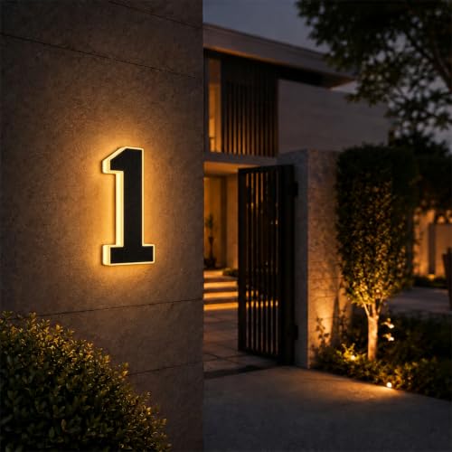 4.7 Inch Solar House Numbers Black-1 Outdoor Wall Sign with Warm White Backlit