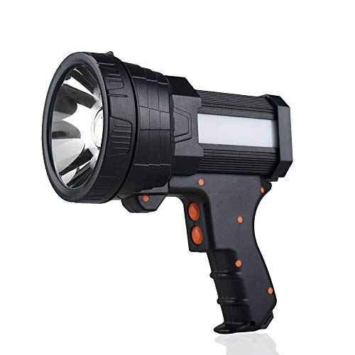 YIERBLUE Rechargeable Spotlight, Super Bright 100,000 High Lumen LED Handheld Spotlight Long Lasting Large Flashlight Searchlight and Flood Camping Flashlight with Foldable Tripod Black