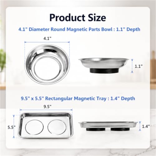 Okllen 6-Piece Magnetic Parts Tray Set - Stainless Steel, Heavy-Duty 9.5" x 5.5" & 4.25" Round