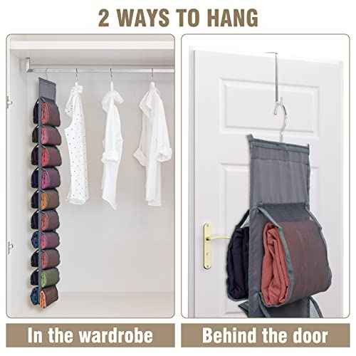 2 Pack Legging Storage Organizer- Hanging Closet Organizer System Clothes Closets Holder with 20 Roll Independent Compartments for Yoga Leggings T-Shirts Bras Socks Pants Tank Top Towel(Grey)