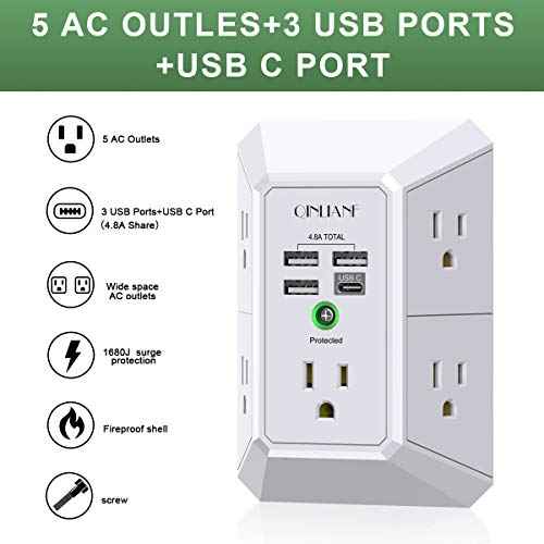 Wall Charger, Surge Protector, QINLIANF 5 Outlet Extender with 4 USB Charging Ports (4.8A Total) 3-Sided 1680J Power Strip Multi Plug Adapter Spaced for Home Travel Office (3U1C)