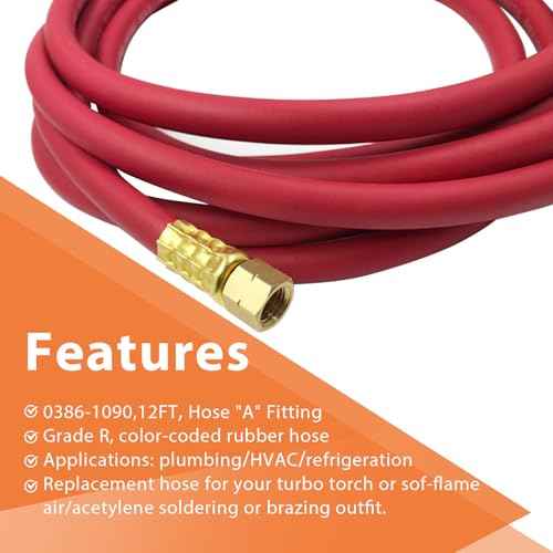 0386-1090 AH-12 Air Acetylene Torch Hose with Lashing Strap, 12FT, "A" Fitting, Replacement Welding Hose Compatible with Torch AR-B/AR-MC Regulators, G4/PLF-A Handles, B/MC Tanks