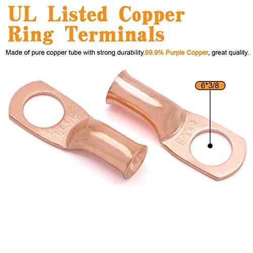 6 AWG Gauge UL1015 Wire Battery Power Tinned Oxygen Free Copper OFC Welding Cable Boat Inverter 6 1/2feet Black and 6-3/8inch Lugs Terminal Connectors with Heat Shrink Tube