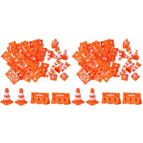 48Pcs Mini Plastic Traffic Cones, Miniature Fence Barricade Signs, Construction Road Cone Toy Set, Barricade Toy Model Mini Stop Signs for Construction Theme Party Favors