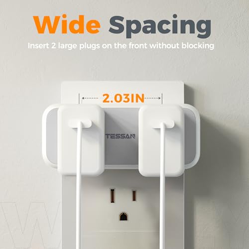 TESSAN Grey USB-C Wall Outlet Extender with 7 Outlets and Dual USB Ports