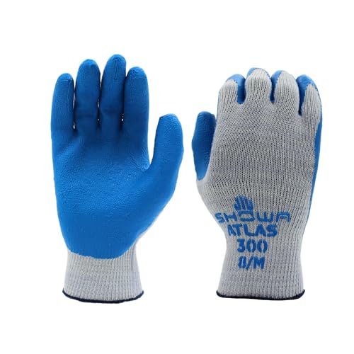 SHOWA Atlas 300 Natural Latex Palm Coated General Purpose Work Glove with Poly/Cotton Liner, 10-Gauge, Blue, Large (1 Pair)