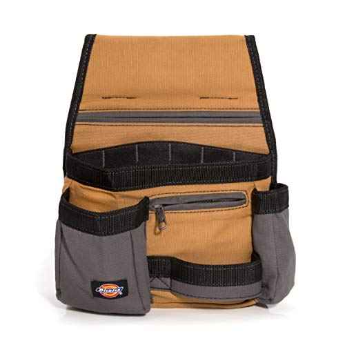 Dickies 11-Pocket Tool/Utility Storage Pouch for Tool Belt, Durable Canvas, Puncture-Resistant Backing, Screwdriver Pockets, Zippered Security Pocket, Hammer Loop, 2-inch Tunnel Loop, Grey/Tan