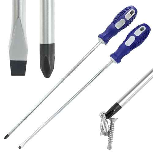 12-Inch Extra Long Slotted & Phillips Screwdriver Set, PH2 Magnetic Tip Flat Blade Cross-head Screwdrivers with Blue Rubber Handle (2-Pack)